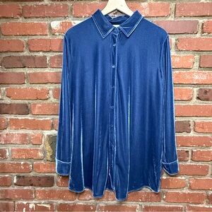 Soft Surroundings women's velvet velour long sleeve button‎ down size large blue